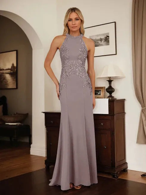 Dusty Blue Sheath Halter Mother of the Bride Dress with Appliqué Details