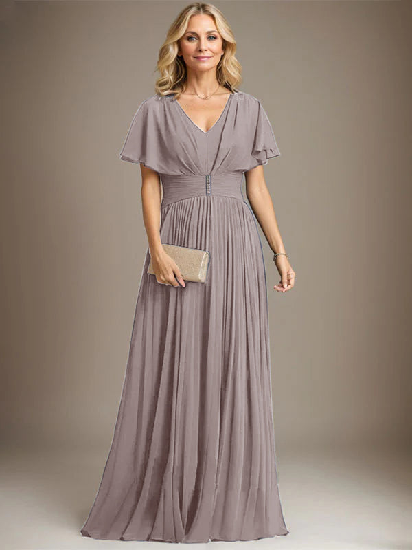 A-Line V-Neck Floor-Length Chiffon Mother of the Bride Dress with Crystal Brooch and Pleated Design