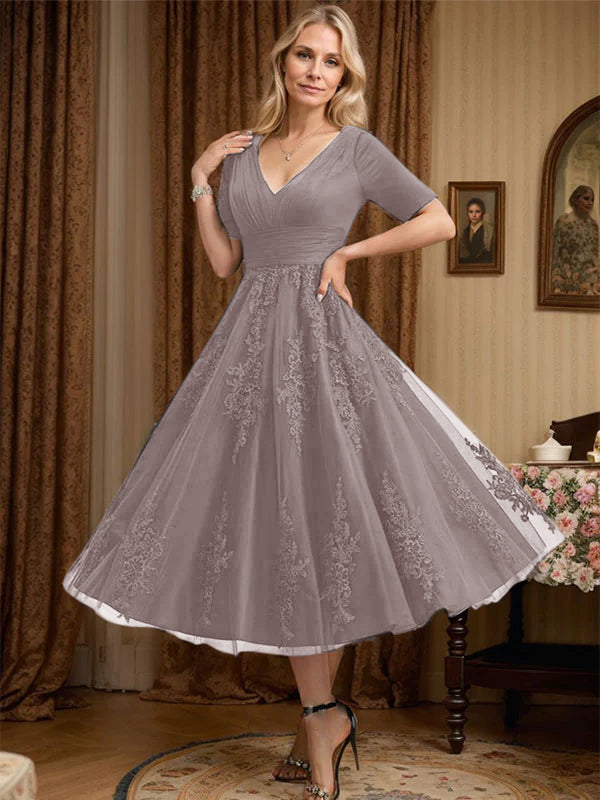 A-Line V-Neck Tea-Length Tulle Lace Mother of the Bride Dress with Pleats