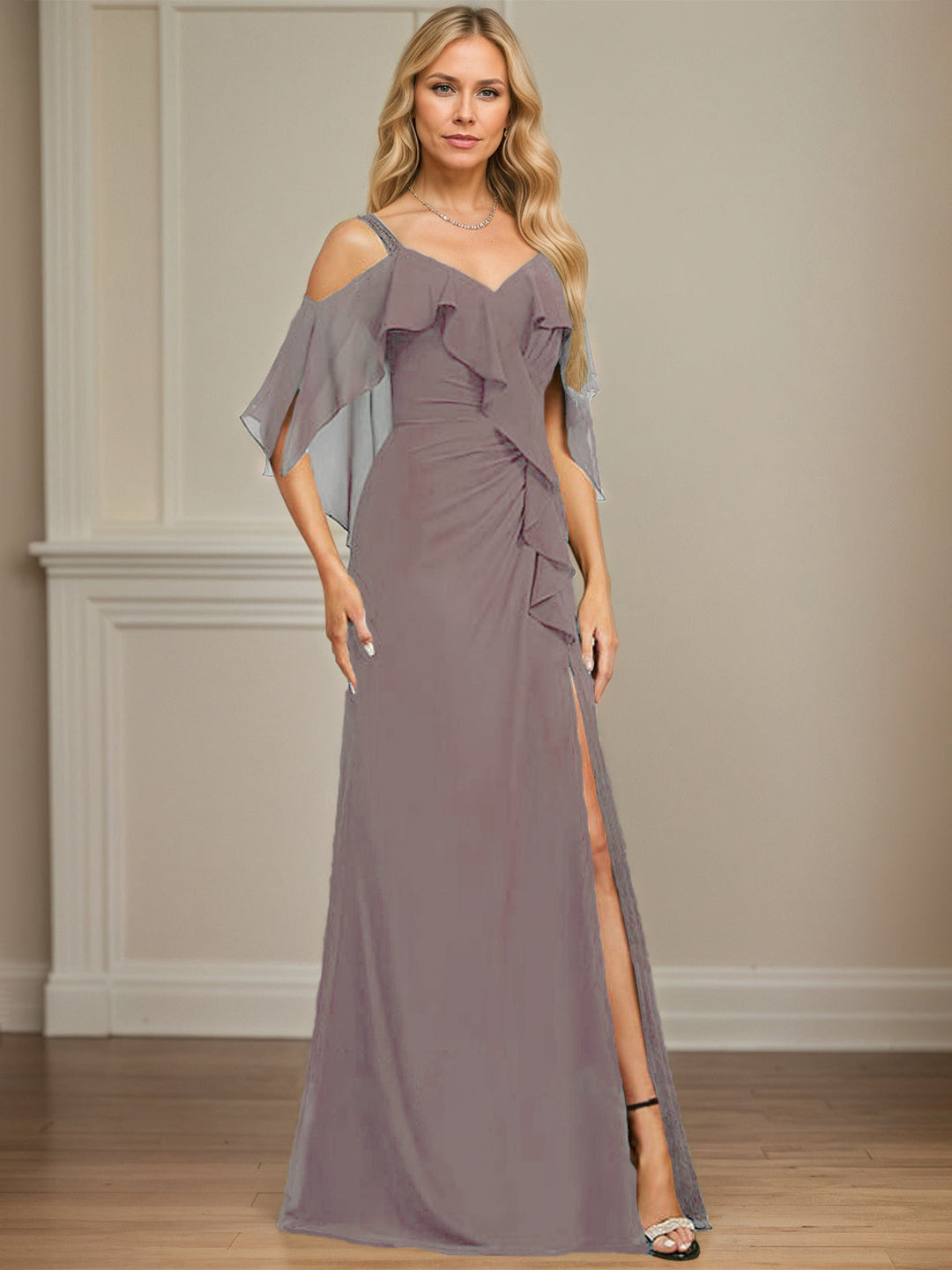 Sheath/Column Cold Shoulder V-Neck Floor-Length Chiffon Dress with Cascading Ruffles, Sequins, and Beading