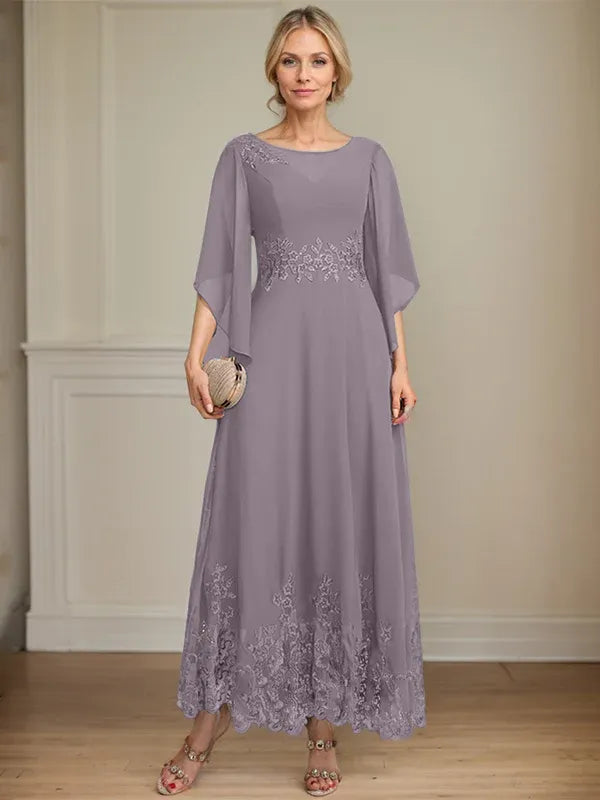 A-Line Scoop Neck Illusion Lace Chiffon Mother of the Bride Dress with Sequins and Ankle-Length Hem