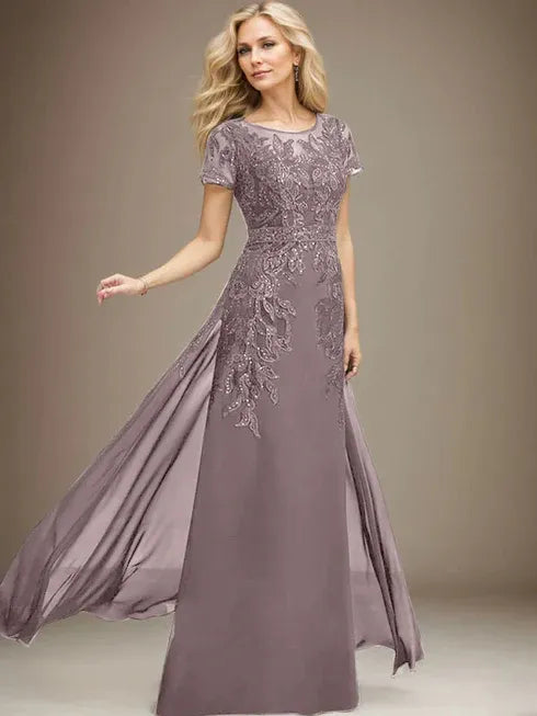 Floor-Length Lace Chiffon Mother of the Bride Dress with Sheath/Column Scoop Illusion and Sequins