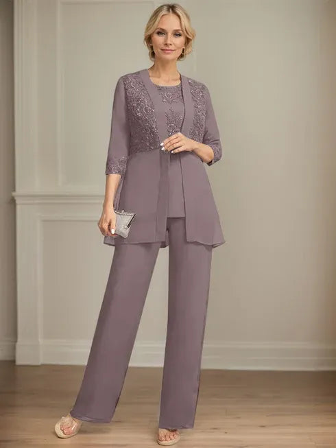 Floor-Length Chiffon Lace Jumpsuit and Pantsuit Separates with Sequins – Perfect Mother of the Bride Dress