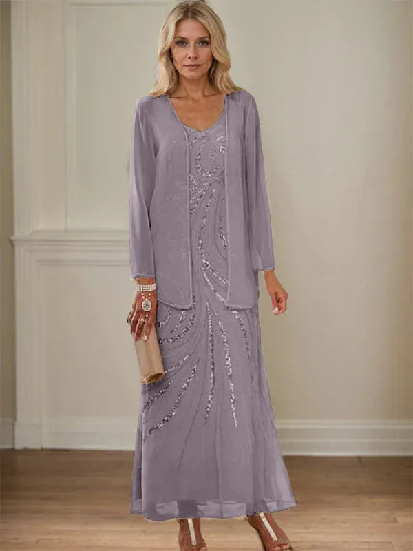 Sheath/Column V-Neck Ankle-Length Mother of the Bride Dresses with Jacket & Sequins