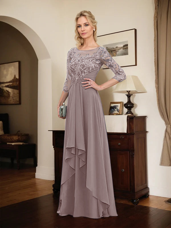 A-Line Scoop Neck Illusion Floor-Length Lace Chiffon Mother of the Bride Dress with Cascading Ruffles