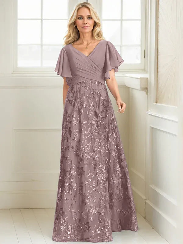A-Line V-Neck Floor-Length Lace and Sequin Chiffon Mother of the Bride Dress with Pleats