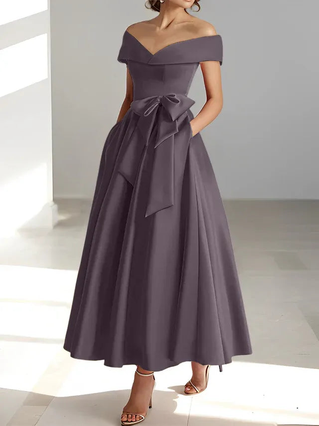 A-Line Off-the-Shoulder Sleeveless Ankle-Length Mother of the Bride Dress with Pockets