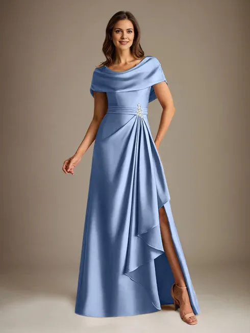 A-Line Scoop Neck Floor-Length Stretch Satin Mother of the Bride Dress with Cascading Ruffles
