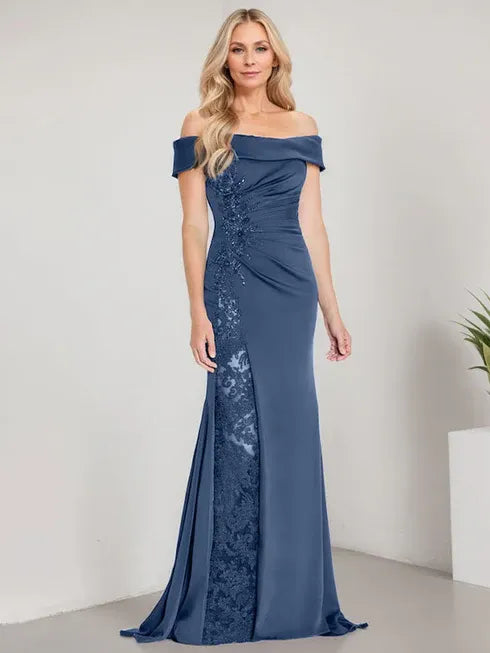 A-Line Off-the-Shoulder Floor-Length Mother of the Bride Dress with Appliqué Beadings and Mermaid Silhouette Featuring a High Split