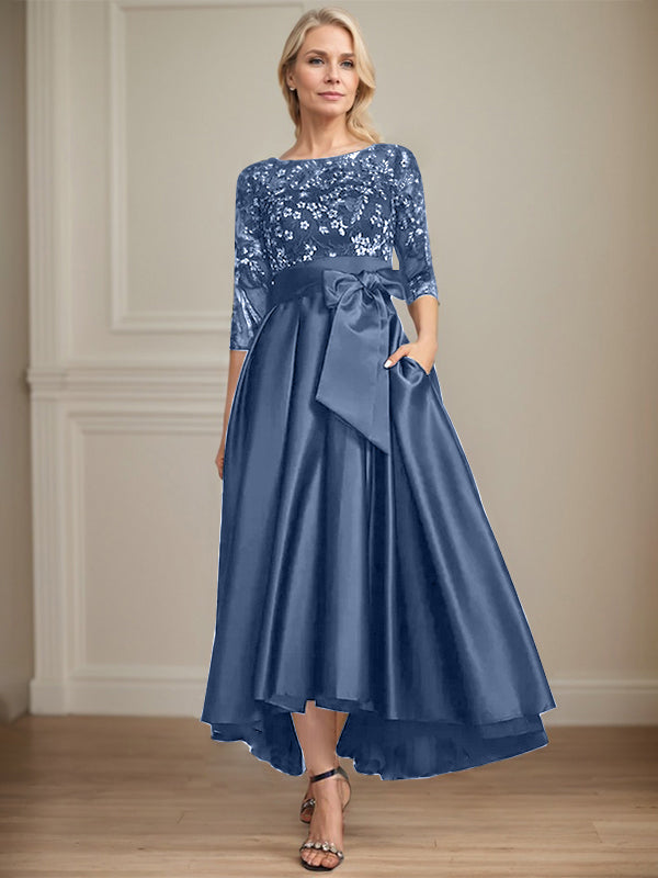 A-Line Scoop Neck Illusion Asymmetrical Satin Lace Mother of the Bride Dress with Bow