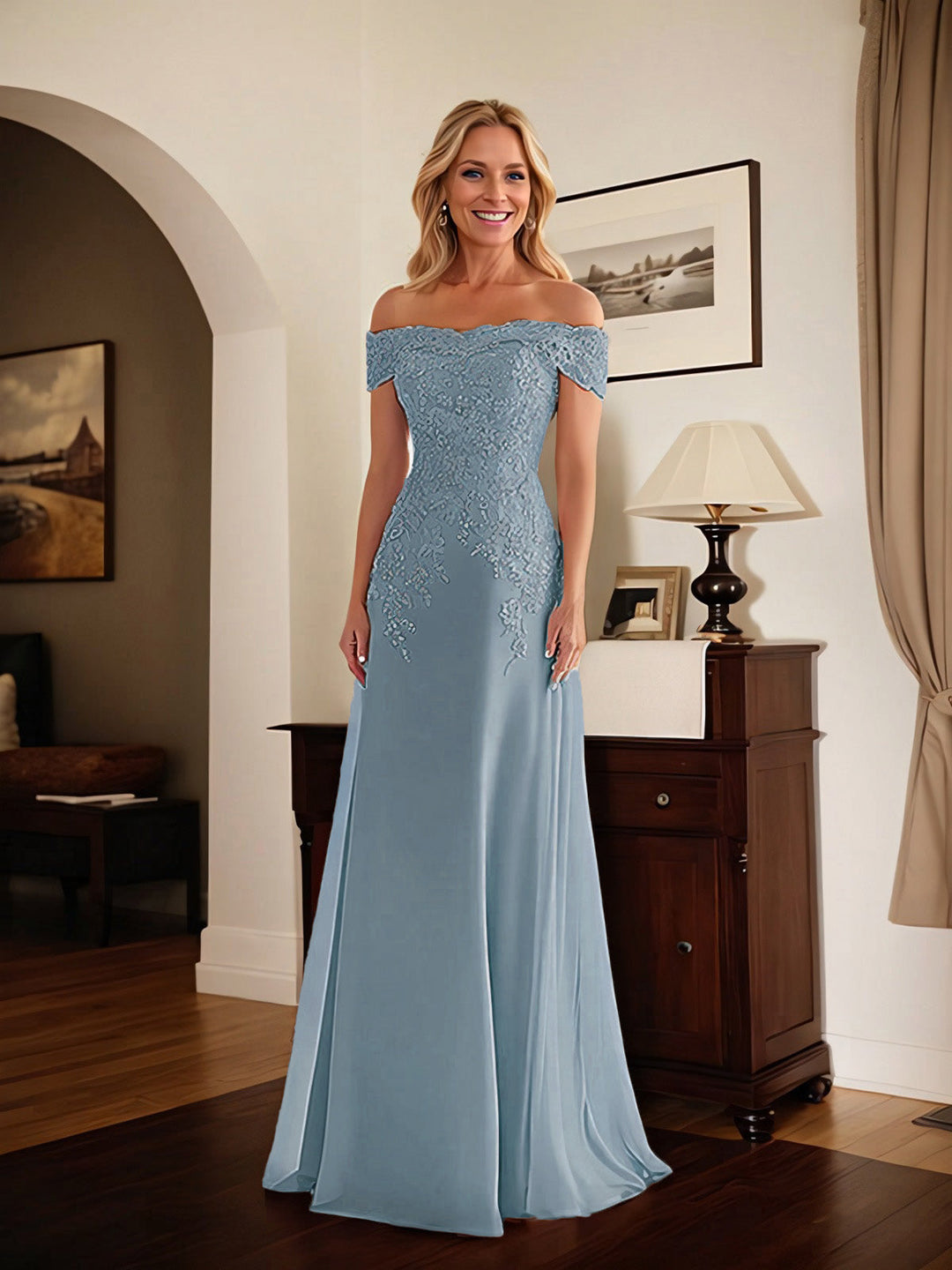 Elegant Taupe Off-the-Shoulder Lace Sheath Dress for Mother of the Bride