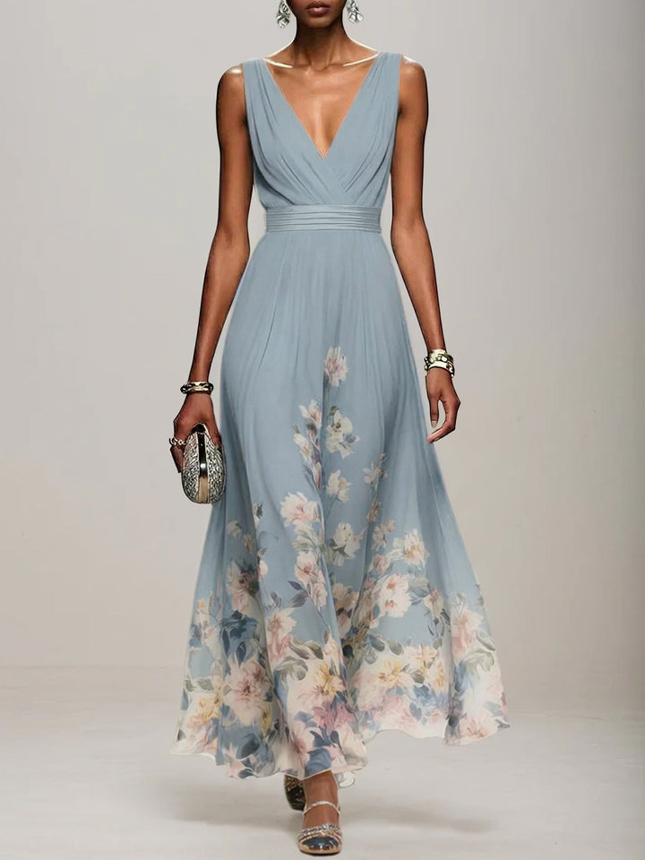 Light Blue Floral Chiffon V-Neck Sleeveless A-Line Maxi Dress