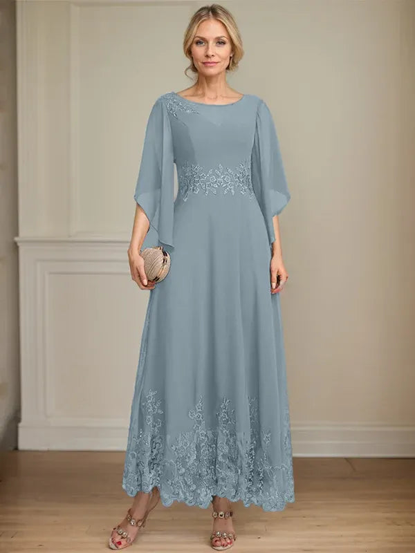 A-Line Scoop Neck Illusion Lace Chiffon Mother of the Bride Dress with Sequins and Ankle-Length Hem