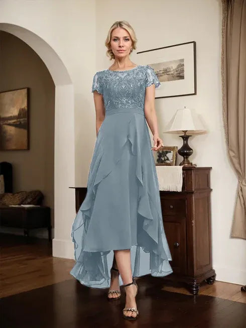 A-Line Scoop Neck Illusion Asymmetrical Chiffon Lace Mother of the Bride Dress with Bow, Ruffle, and Sequins