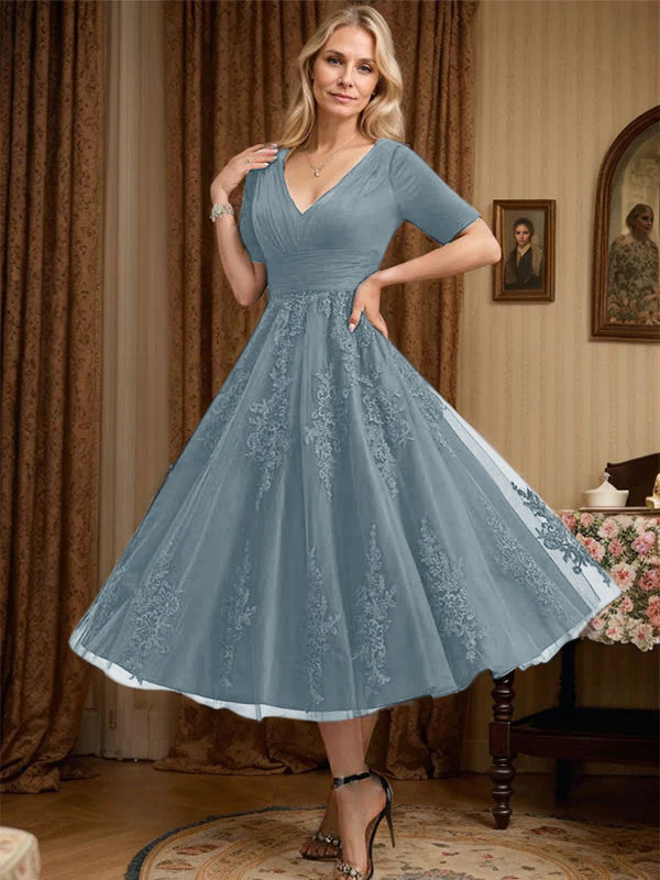 A-Line V-Neck Tea-Length Tulle Lace Mother of the Bride Dress with Pleats