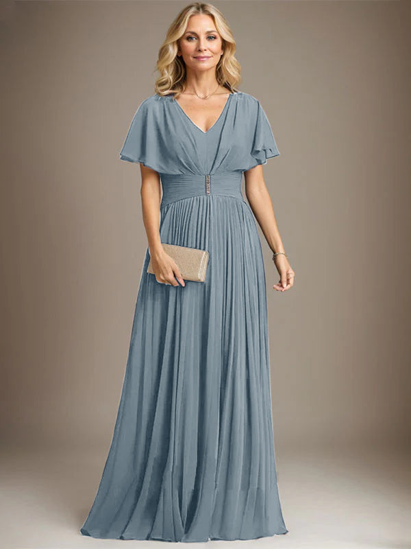 A-Line V-Neck Floor-Length Chiffon Mother of the Bride Dress with Crystal Brooch and Pleated Design