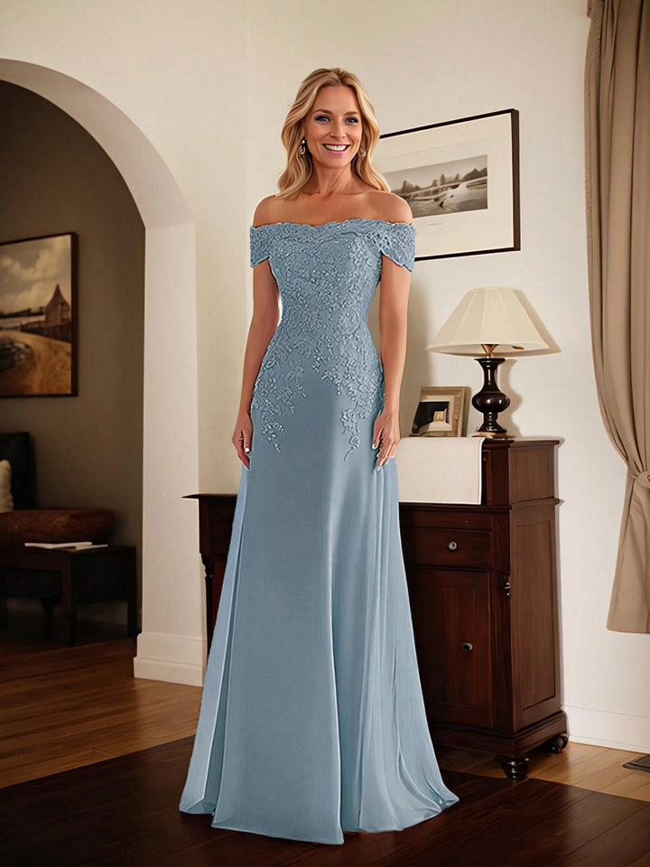 Elegant Taupe Off The Shoulder Sheath Mother of the Bride Dress with Lace