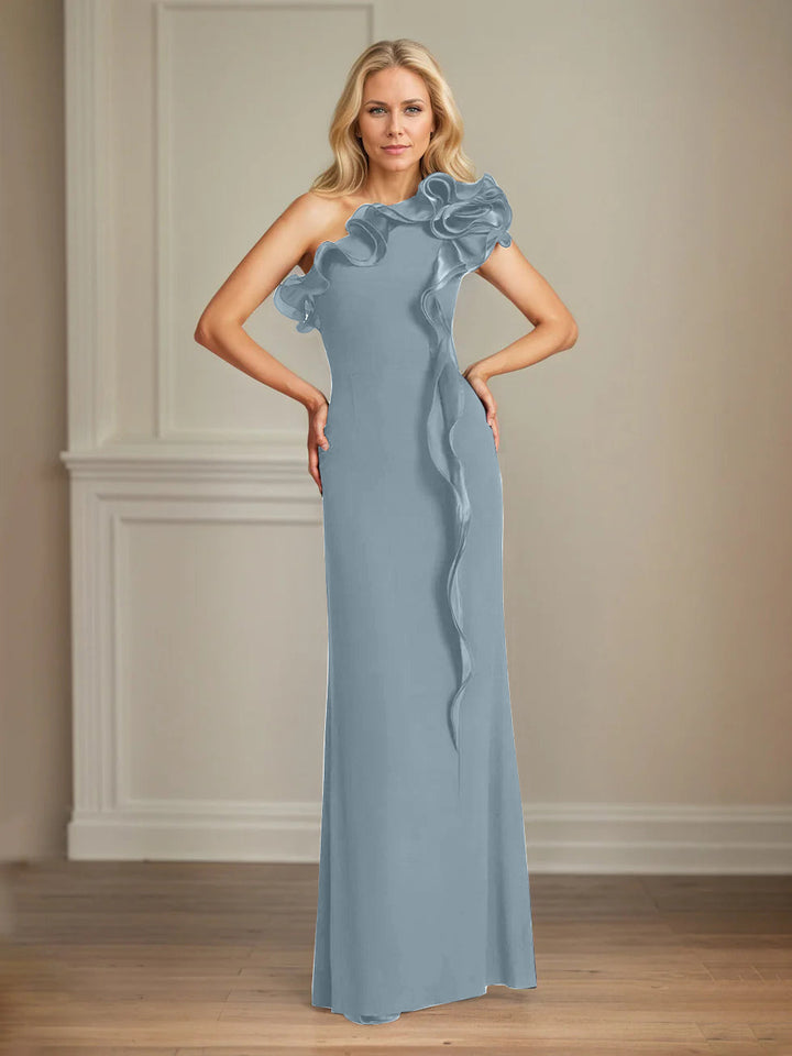 Navy Stretch Crepe One-Shoulder Sheath Dress with Ruffles – Floor-Length Mother of the Bride Gown