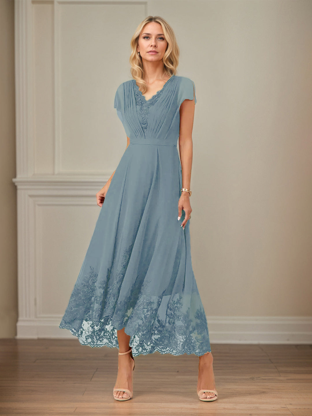 A-Line V-Neck Flutter Sleeve Chiffon Dress with Appliques and Ankle Length