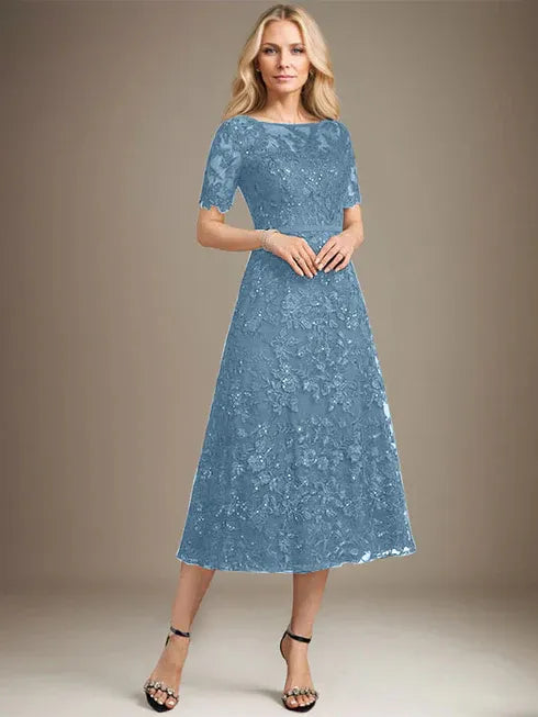 A-Line Scoop Neck Illusion Tea-Length Lace Mother of the Bride Dress with Sequins