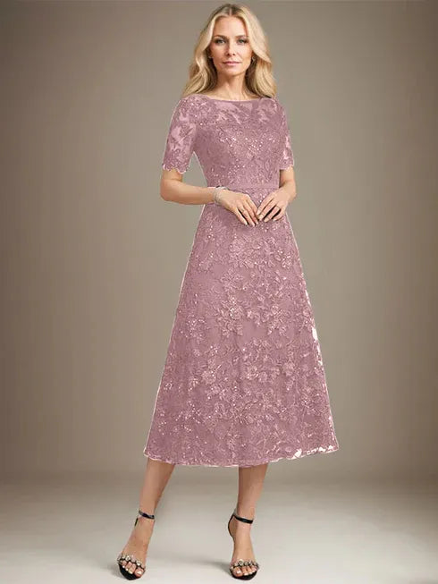 A-Line Scoop Neck Illusion Tea-Length Lace Mother of the Bride Dress with Sequins