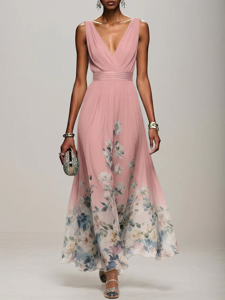 Light Blue Floral Chiffon V-Neck Sleeveless A-Line Maxi Dress