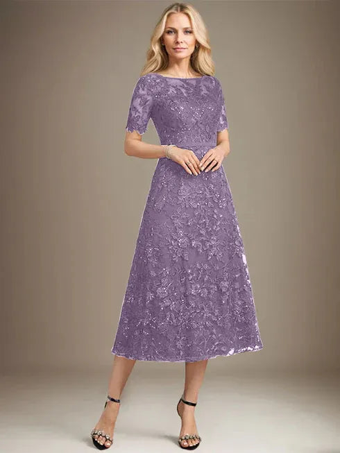 A-Line Scoop Neck Illusion Tea-Length Lace Mother of the Bride Dress with Sequins