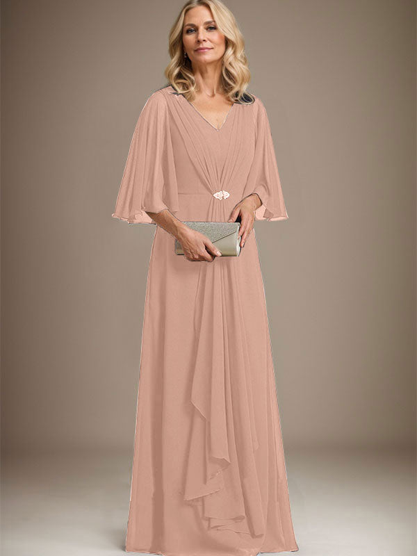 A-Line V-Neck Floor-Length Chiffon Mother of the Bride Dress with Cascading Ruffles and Crystal Brooch