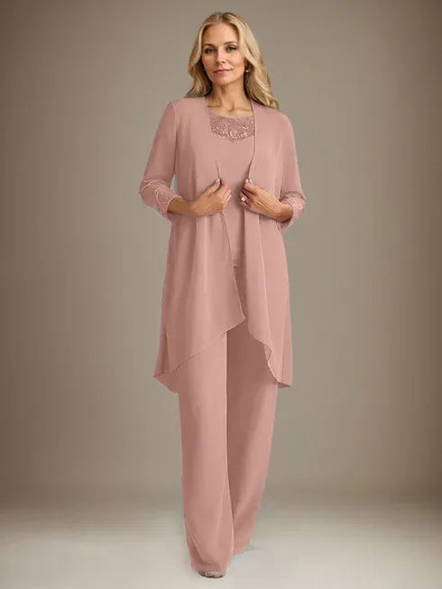 Chiffon Scoop Neck Long Sleeve Mother of the Bride Pantsuit with Jacket