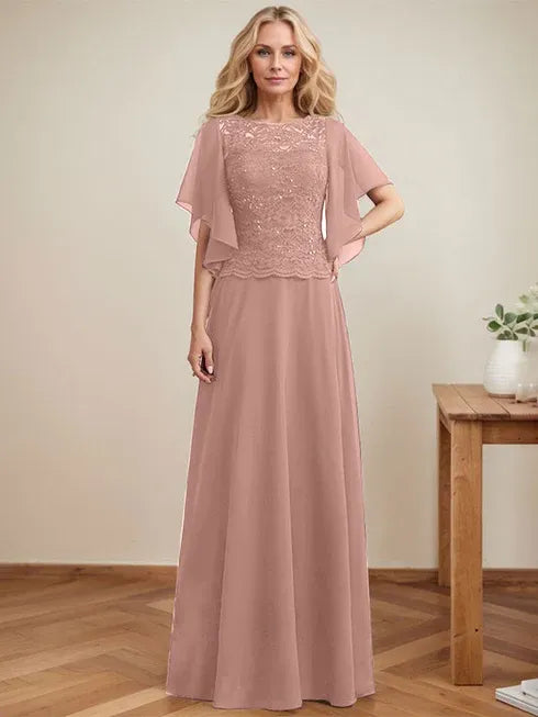 A-Line Scoop Neck Illusion Floor-Length Lace Chiffon Mother of the Bride Dress with Sequins