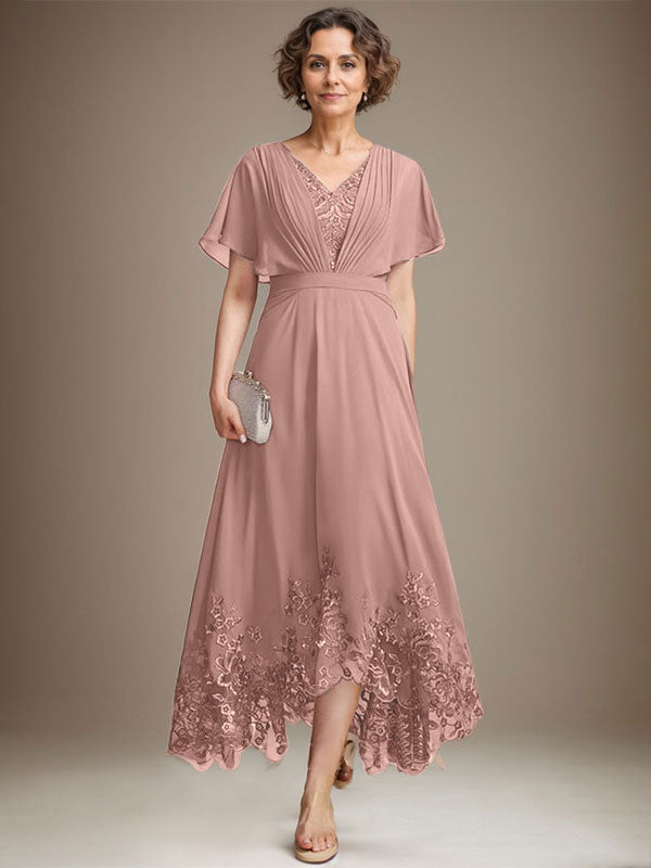 A-Line V-Neck Asymmetrical Lace Chiffon Mother of the Bride Dress with Pleats