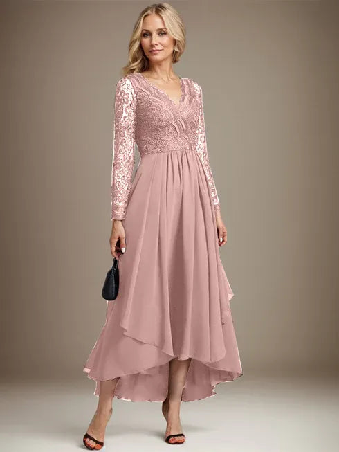A-Line V-Neck Asymmetrical Lace Chiffon Mother of the Bride Dress