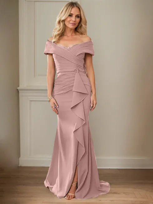 Floor-Length Lace and Chiffon Mother of the Bride Dress with Sheath/Column V-Neck Illusion and Pleated Sequins