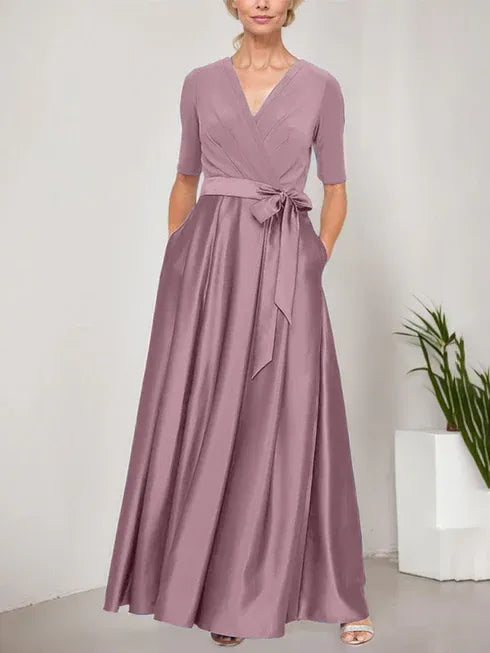Surplice Neckline Ballgown with Full Satin Skirt and Jersey Bodice