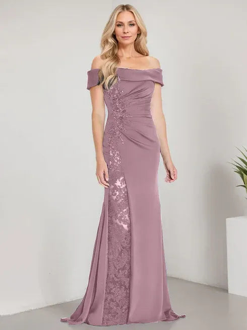 A-Line Off-the-Shoulder Floor-Length Mother of the Bride Dress with Appliqué Beadings and Mermaid Silhouette Featuring a High Split