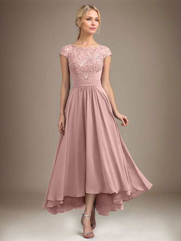 A-Line Scoop Neck Illusion Asymmetrical Lace Chiffon Mother of the Bride Dress with Pleats