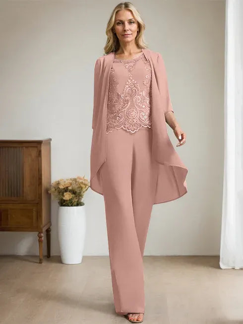 Floor-Length Chiffon Lace Mother of the Bride Jumpsuit/Pantsuit with Scoop Neck, Beading, and Sequins