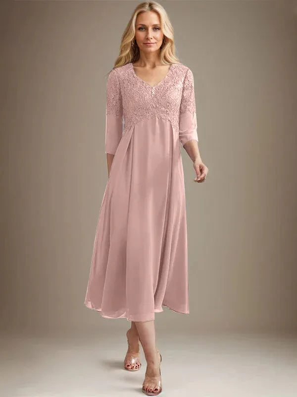 A-Line V-Neck Tea-Length Chiffon Lace Mother of the Bride Dress with Beading