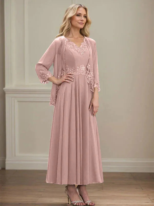 A-Line V-Neck Chiffon Mother of the Bride Dress with Sequins, Appliques, Lace, and Beading at Ankle Length