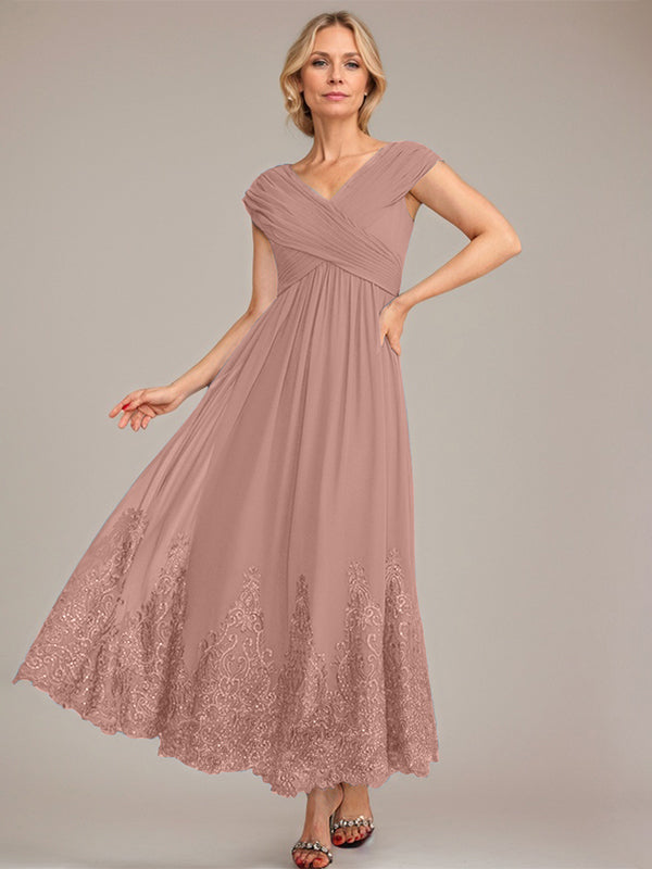 A-Line V-Neck Chiffon Mother of the Bride Dress with Appliqué and Sequins, Ankle-Length