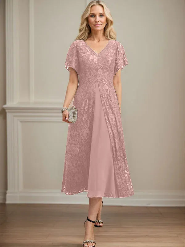 A-Line V-Neck Tea-Length Lace Chiffon Mother of the Bride Dress