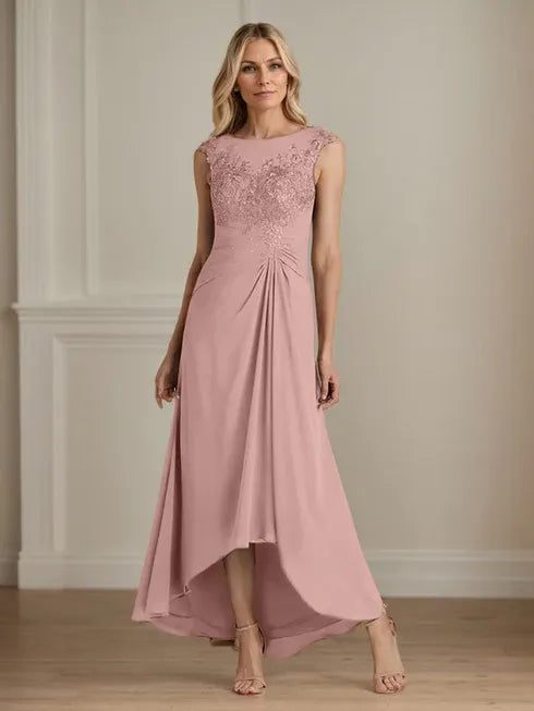 Champagne A-Line Lace and Chiffon Scoop Neck Dress