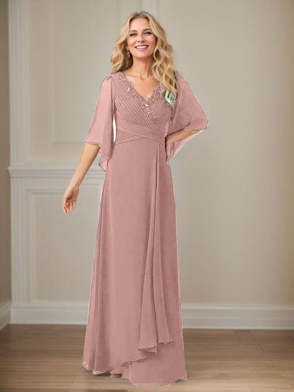 A-Line V-Neck Long Sequin Chiffon Mother of the Bride Dress
