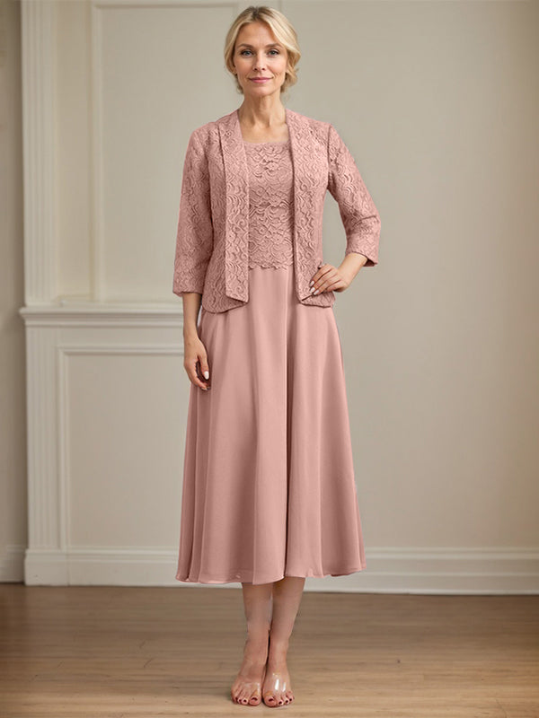 A-Line Scoop Neck Tea-Length Lace Chiffon Mother of the Bride Dress