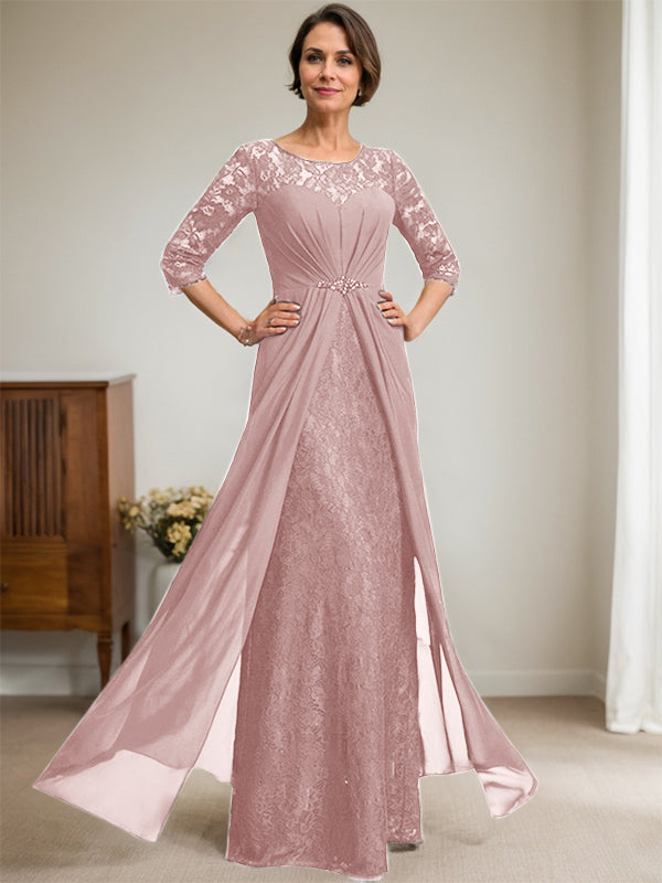 A-Line Scoop Neck Illusion Floor-Length Lace Chiffon Mother of the Bride Dress with Beaded Ruffles