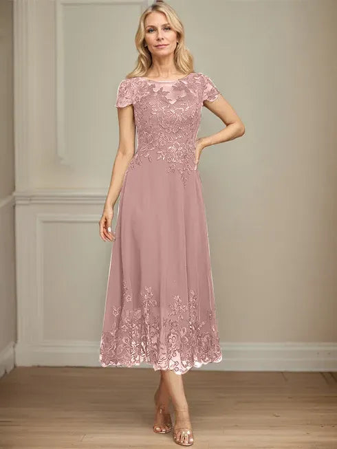 A-Line Illusion Scoop Tea-Length Lace Chiffon Mother of the Bride Dress with Sequins