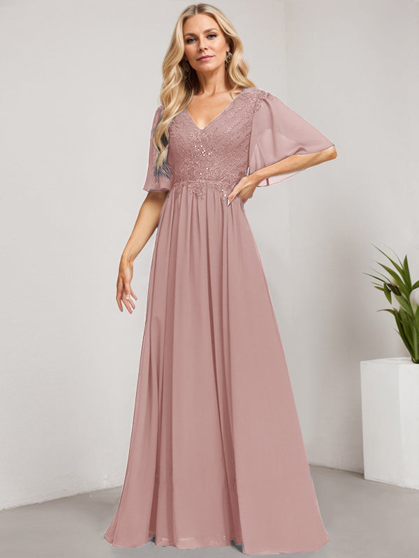 A-Line V-Neck Floor-Length Lace Chiffon Mother of the Bride Dress with Sequins