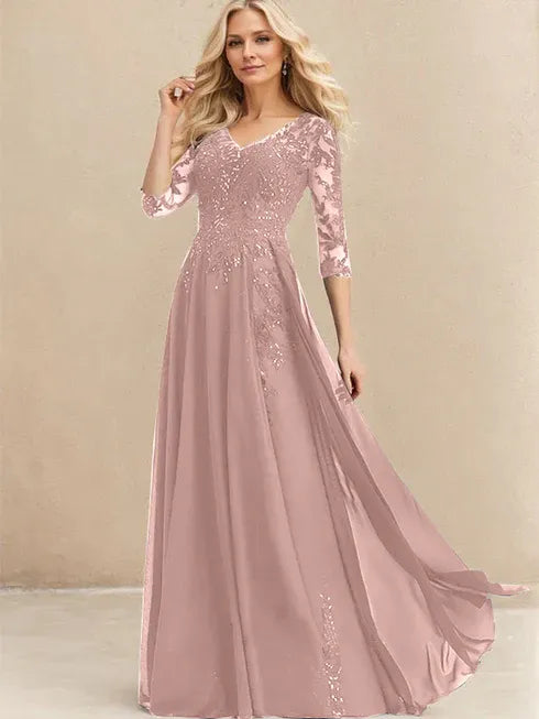 A-Line V-Neck Floor-Length Lace Chiffon Mother of the Bride Dress with Sequins