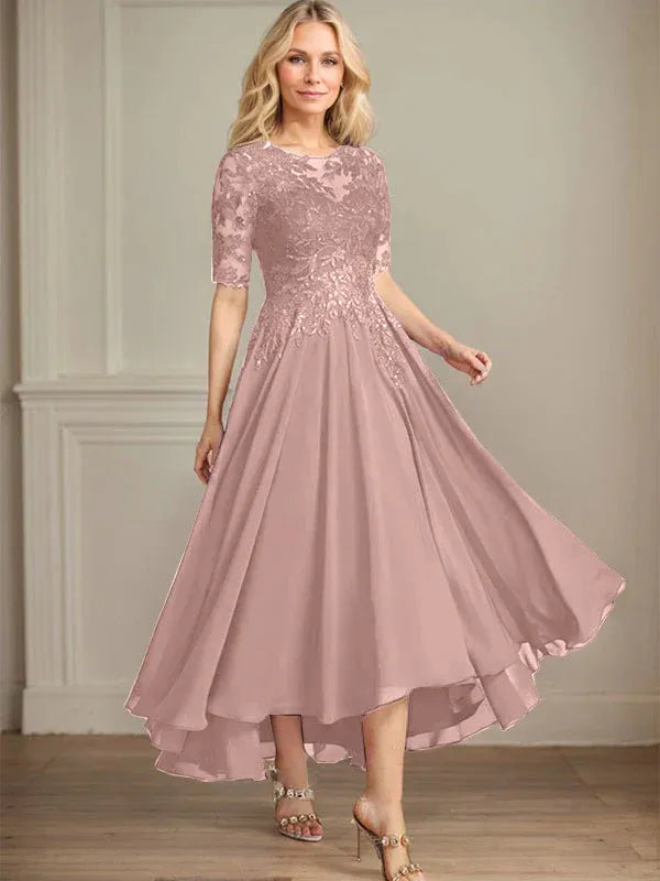 A-Line Scoop Neck Illusion Asymmetrical Chiffon and Lace Mother of the Bride Dress with Sequins