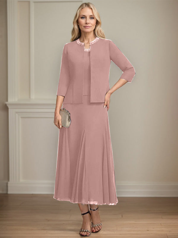 A-line Scoop Tea-Length Chiffon Mother of the Bride Dress with Sequins and Beading Separates
